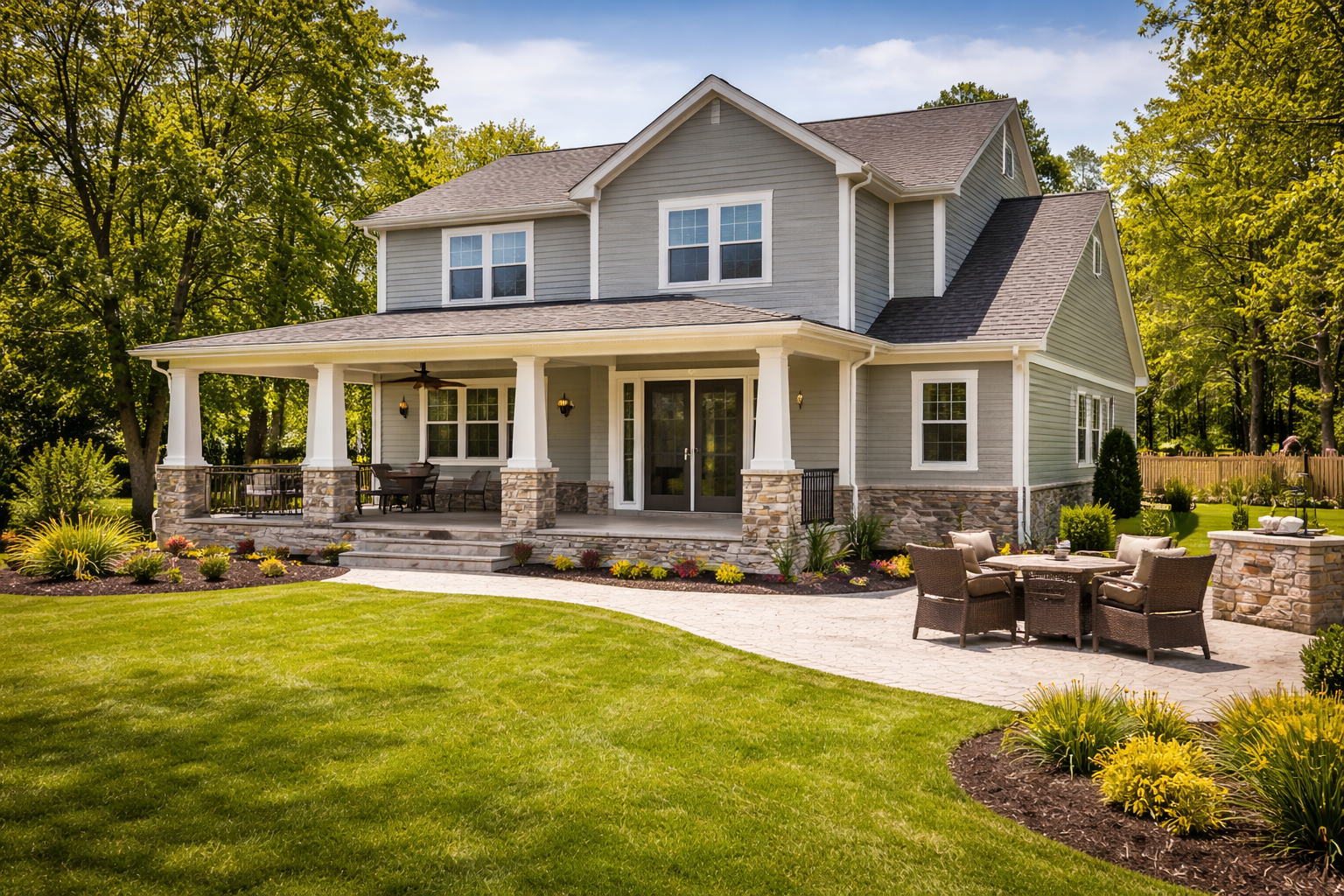 siding replacement Glen Allen modern home exterior with new vinyl siding and backyard patio