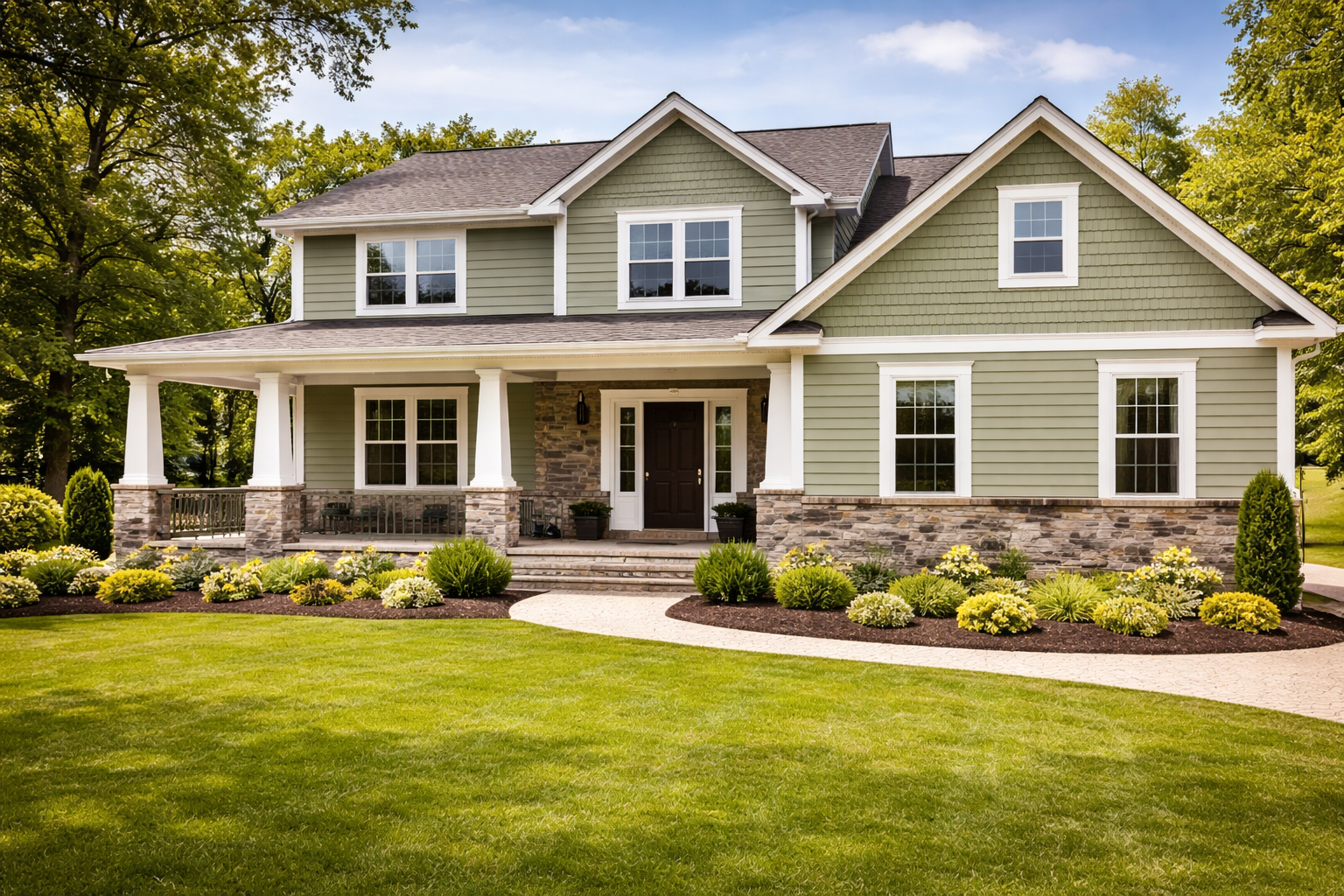 siding replacement Chesterfield modern home exterior with new vinyl siding and landscaped front yard