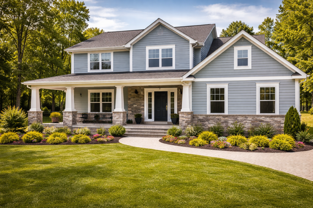 siding replacement Henrico modern home exterior with new vinyl siding and front porch